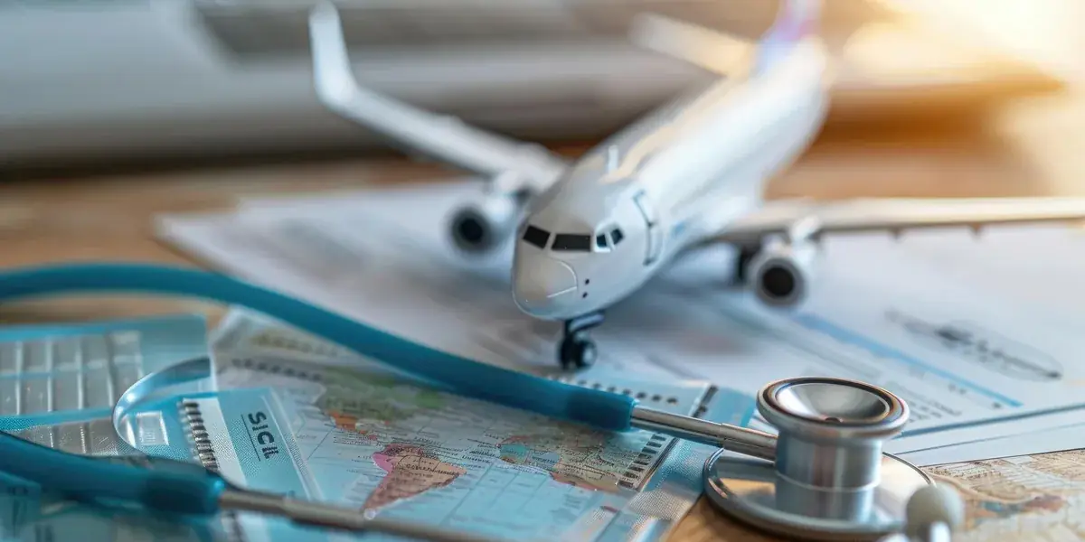 Stethoskop, Weltkarte und Modellflugzeug auf dem Tisch