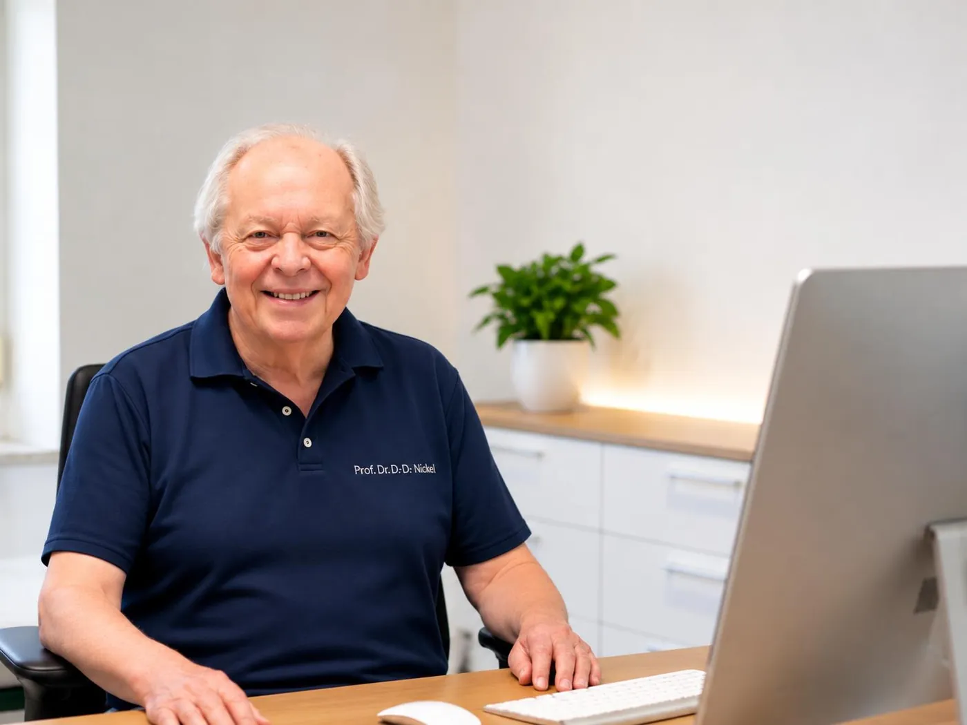 Prof. Dr. Dr. Gerhard Nusko smiling at his desk in his consulting room