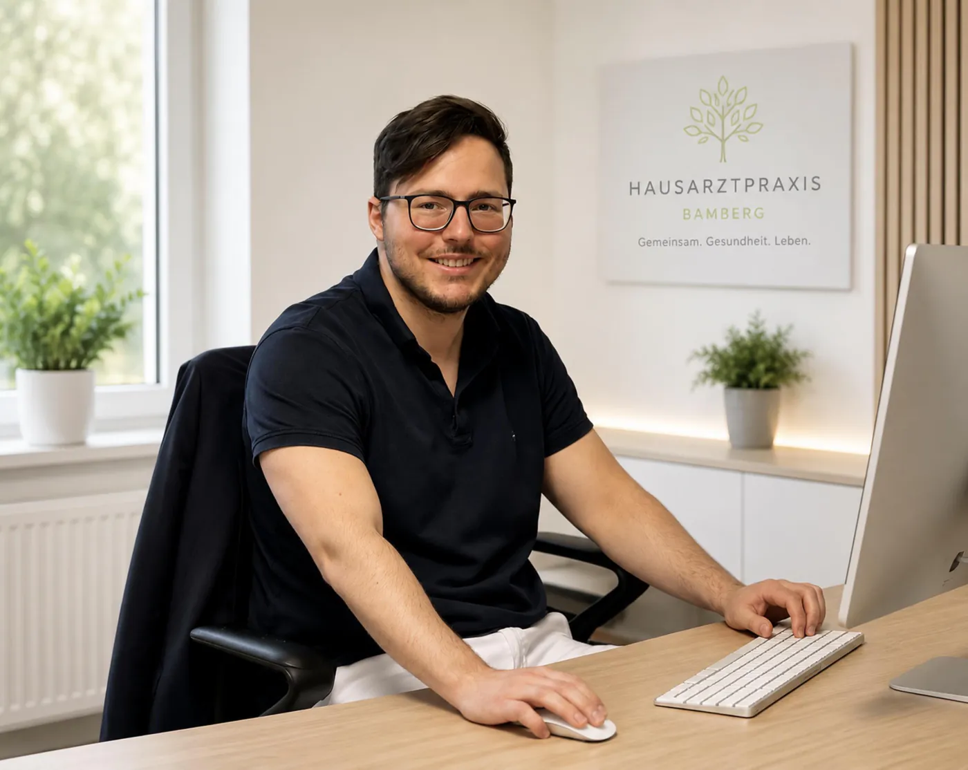 Pascal Wilhelm am Schreibtisch in der Praxis, vor dem Schild Hausarztpraxis Bamberg